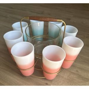 Hazel Atlas Glass MCM bar caddy 8 glasses two toned